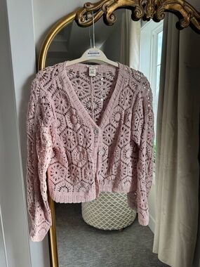 Ultra Pink Crochet V-Neck Button Front Cardigan in Light Pink